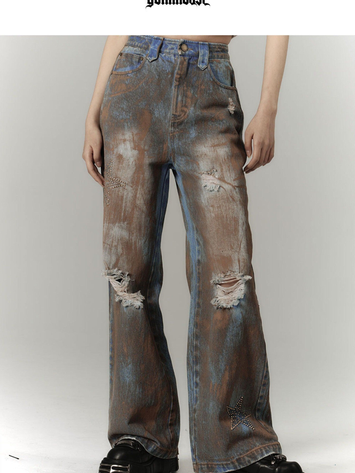 YUKAHOUSE Tie Dye Washed Distressed Vintage Women's Denim Straight-leg Jeans