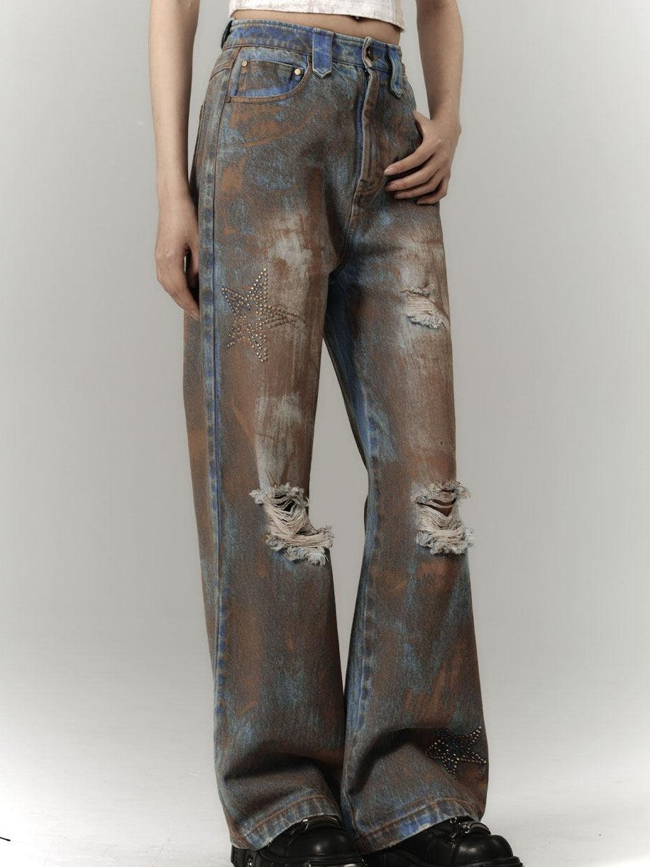 YUKAHOUSE Tie Dye Washed Distressed Vintage Women's Denim Straight-leg Jeans