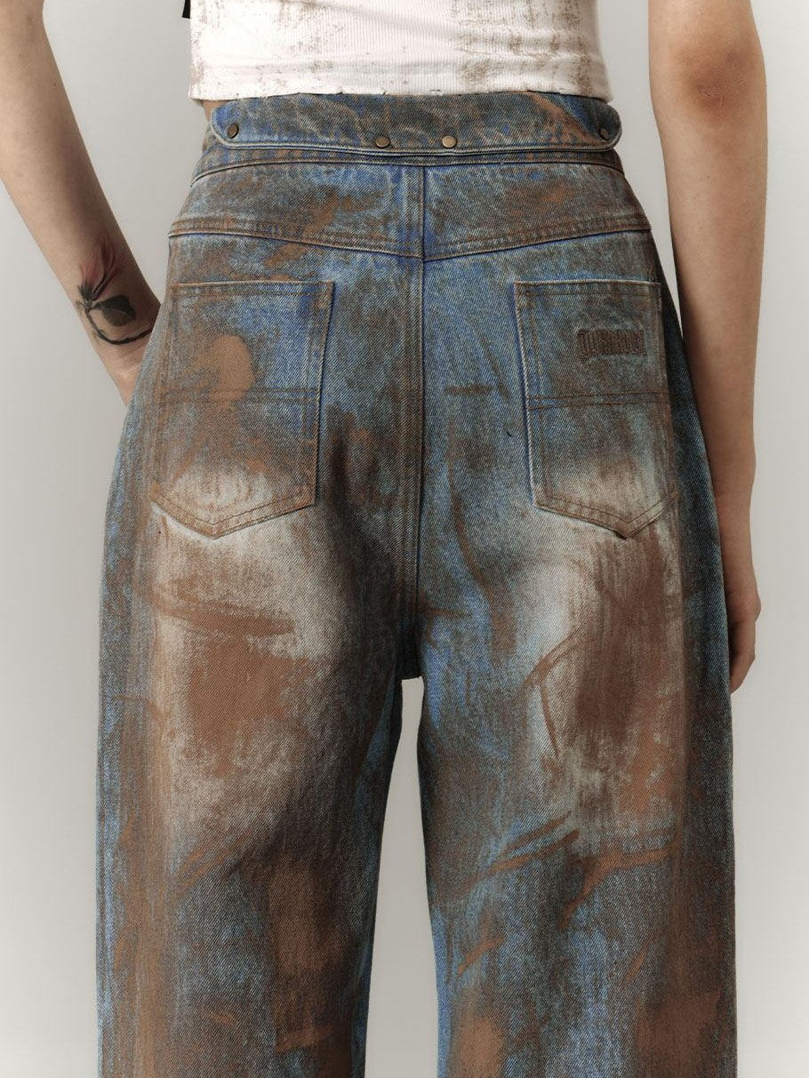 YUKAHOUSE Tie Dye Washed Distressed Vintage Women's Denim Straight-leg Jeans