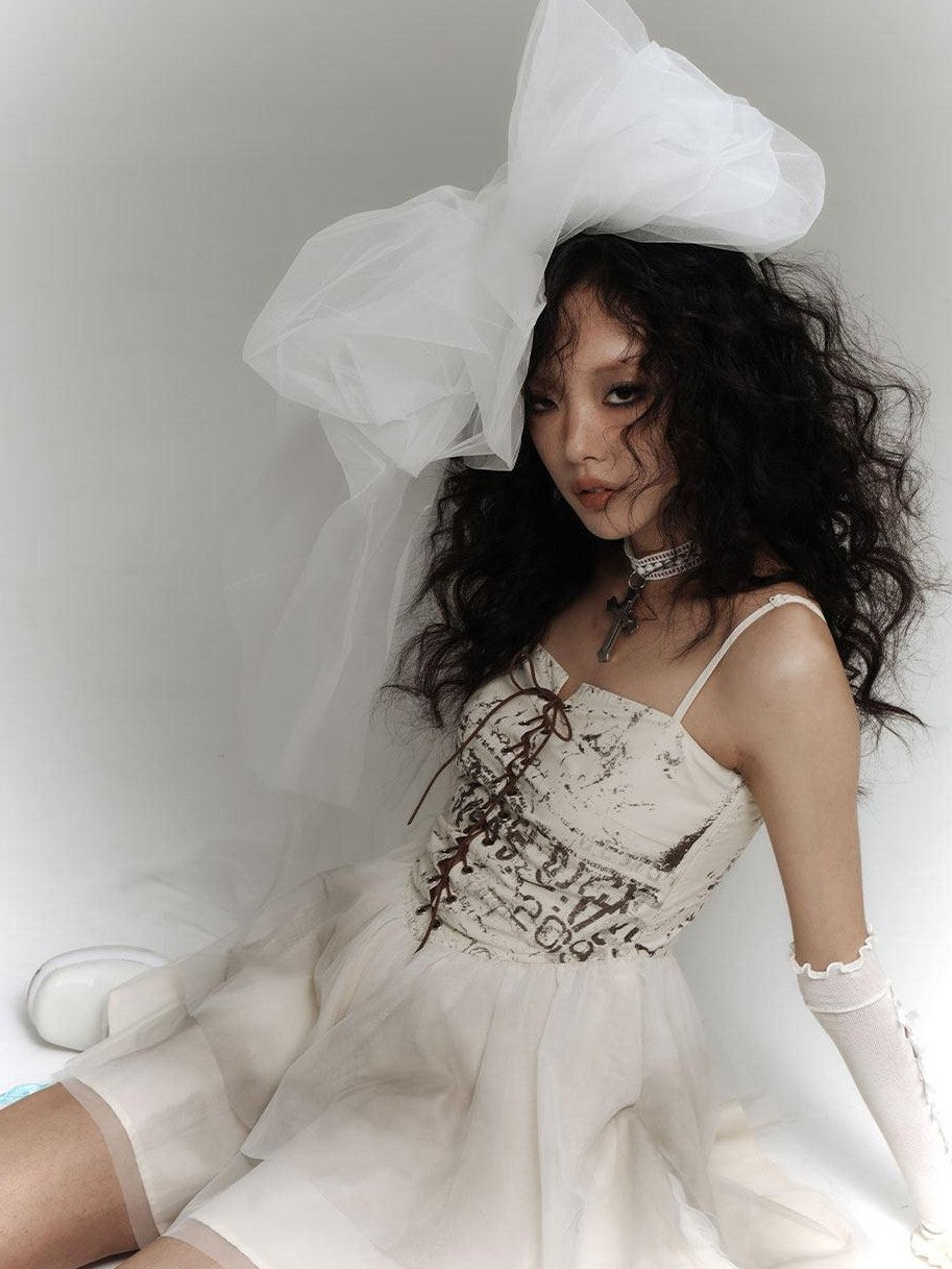 YUKAHOUSE Tulle Spaghetti Strap Ballet Print Women's Cotton Modal Slip Mini Dresses
