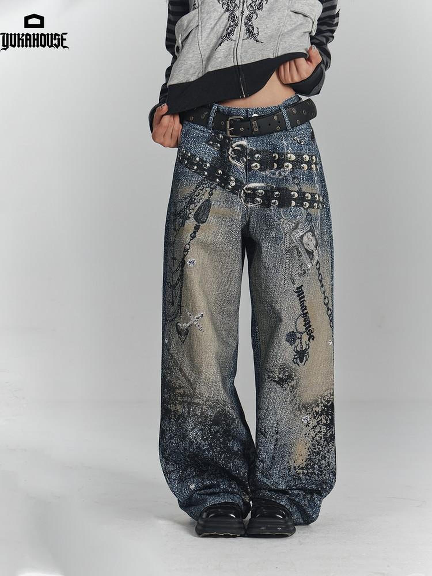 YUKAHOUSE Vintage Digital Print Chain Detail High Waist Women's Cotton Wide-leg Jeans