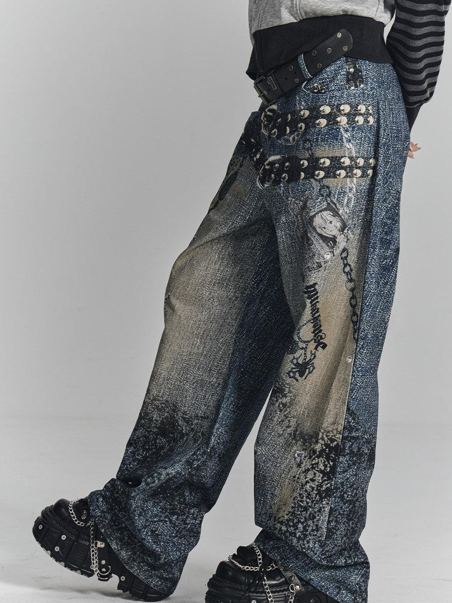 YUKAHOUSE Vintage Digital Print Chain Detail High Waist Women's Cotton Wide-leg Jeans