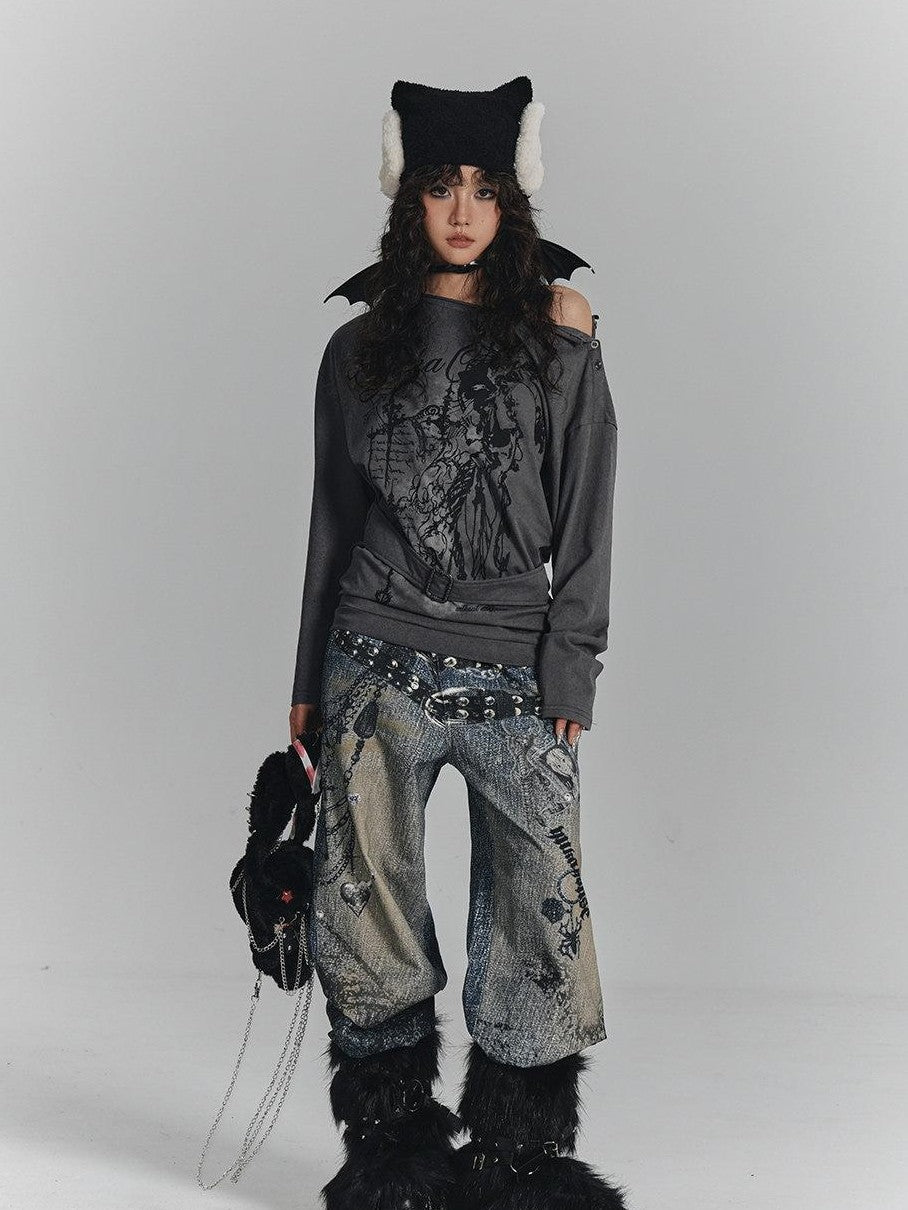 YUKAHOUSE Vintage Digital Print Chain Detail High Waist Women's Cotton Wide-leg Jeans