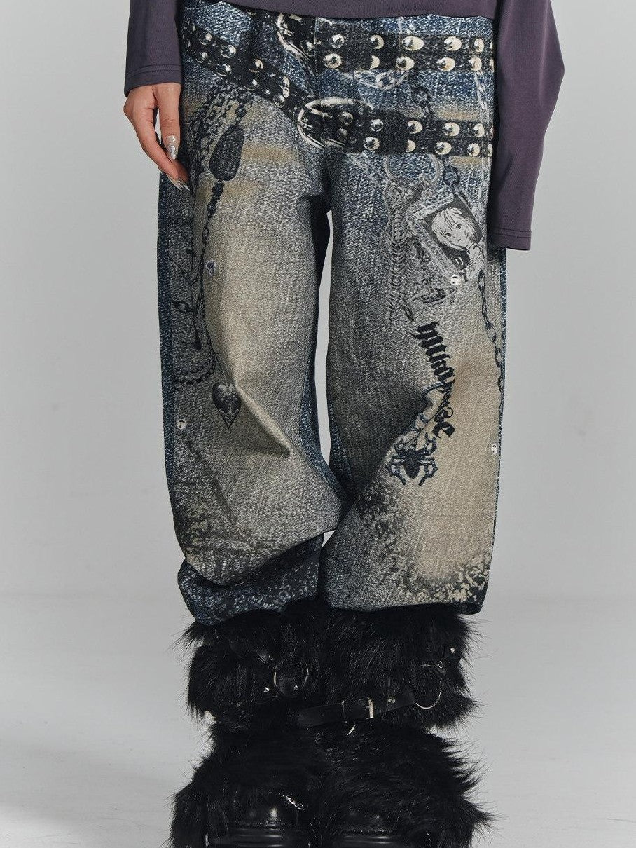 YUKAHOUSE Vintage Digital Print Chain Detail High Waist Women's Cotton Wide-leg Jeans