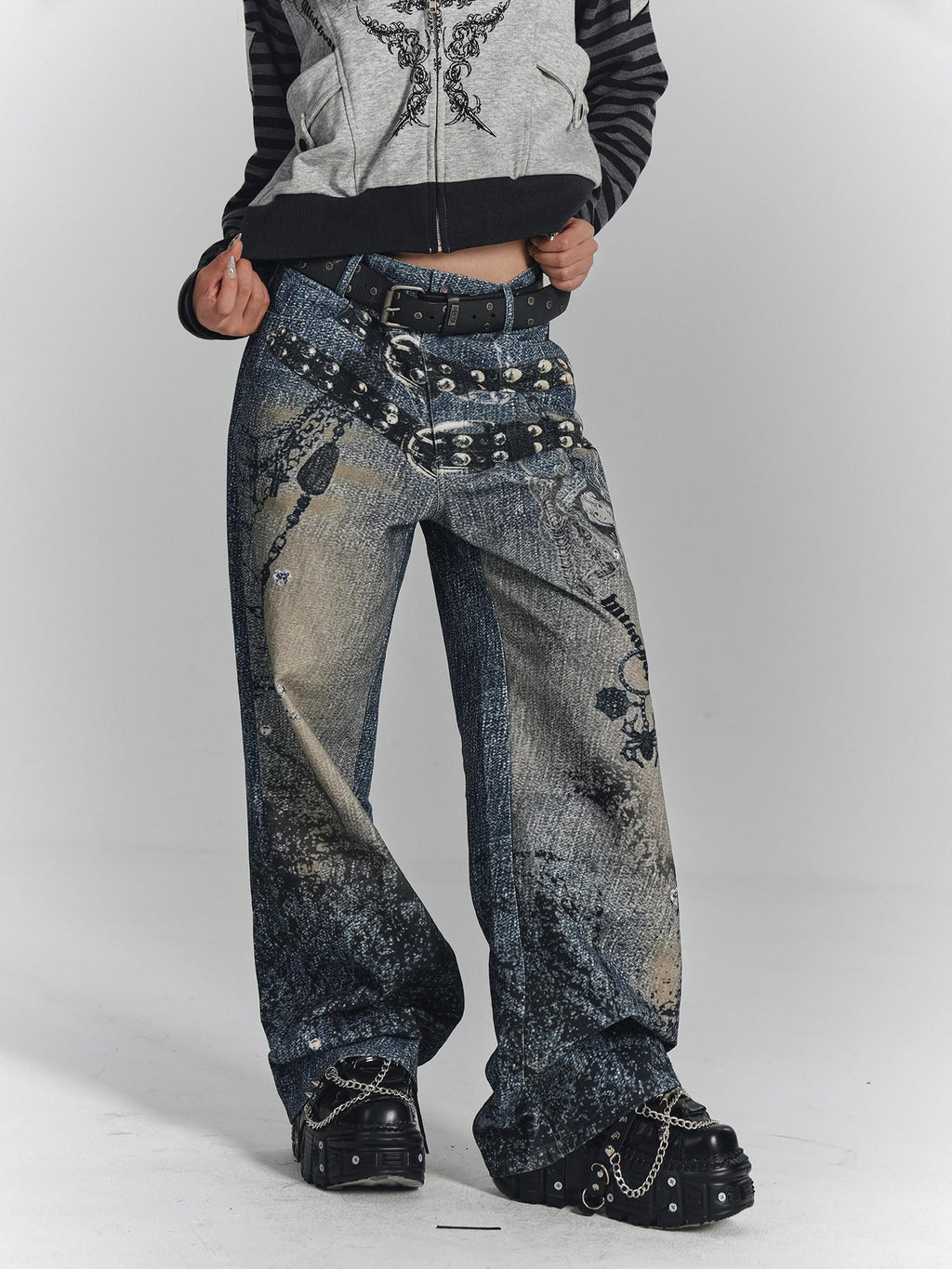 YUKAHOUSE Vintage Digital Print Chain Detail High Waist Women's Cotton Wide-leg Jeans
