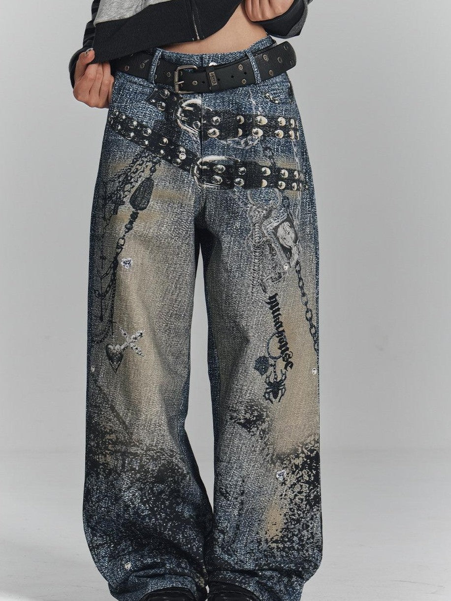 YUKAHOUSE Vintage Digital Print Chain Detail High Waist Women's Cotton Wide-leg Jeans