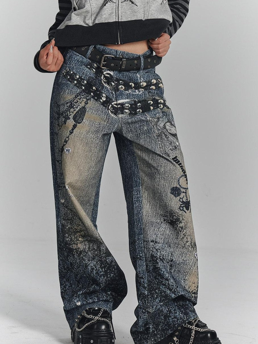 YUKAHOUSE Vintage Digital Print Chain Detail High Waist Women's Cotton Wide-leg Jeans