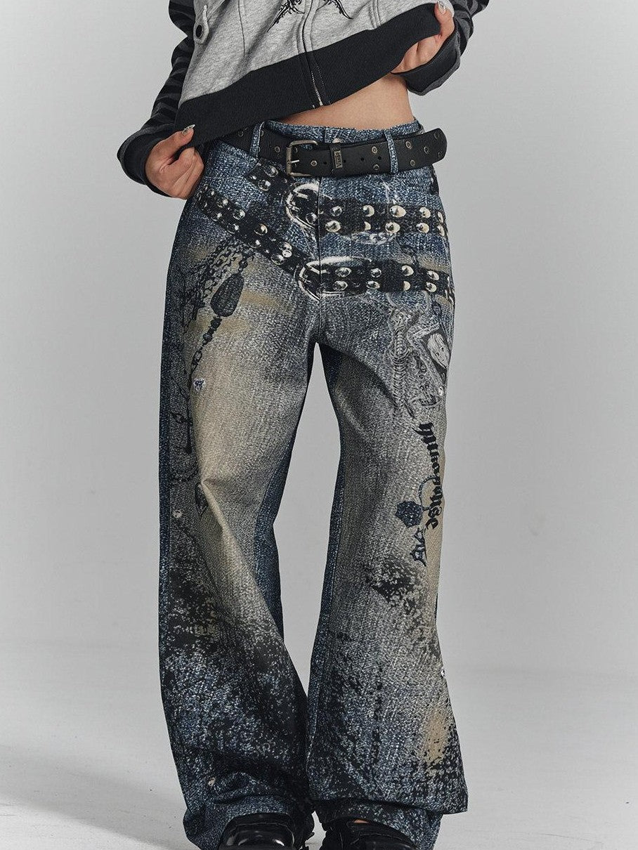 YUKAHOUSE Vintage Digital Print Chain Detail High Waist Women's Cotton Wide-leg Jeans