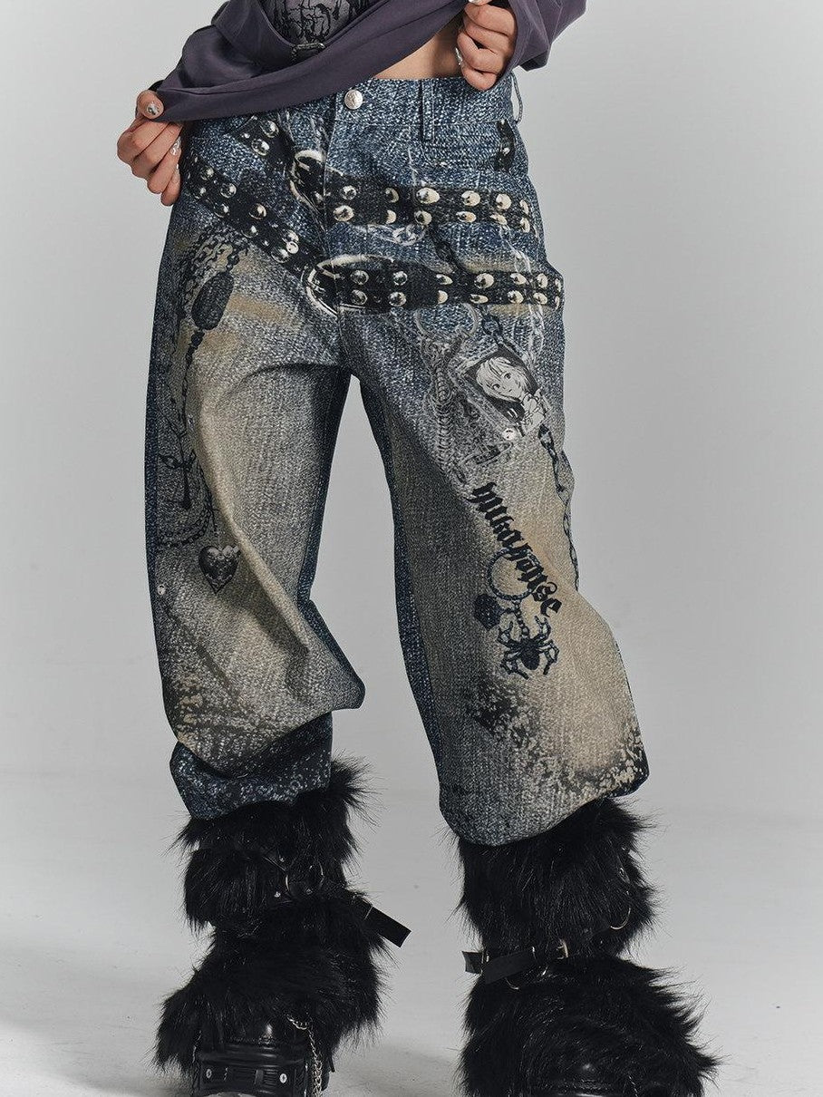 YUKAHOUSE Vintage Digital Print Chain Detail High Waist Women's Cotton Wide-leg Jeans