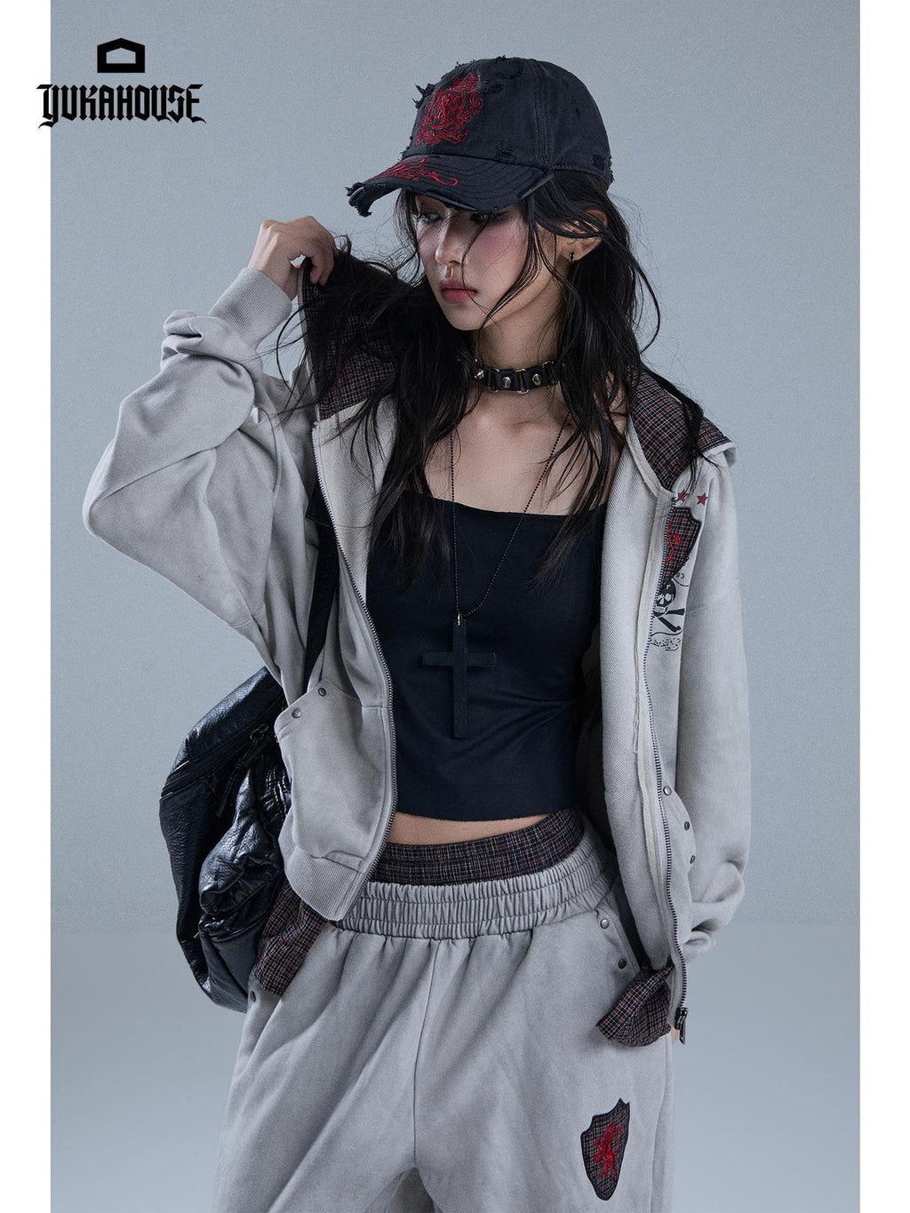 YUKAHOUSE Vintage Distressed Graphic Punk Faux Layer Print Women's Cotton Zip-up Hoodies