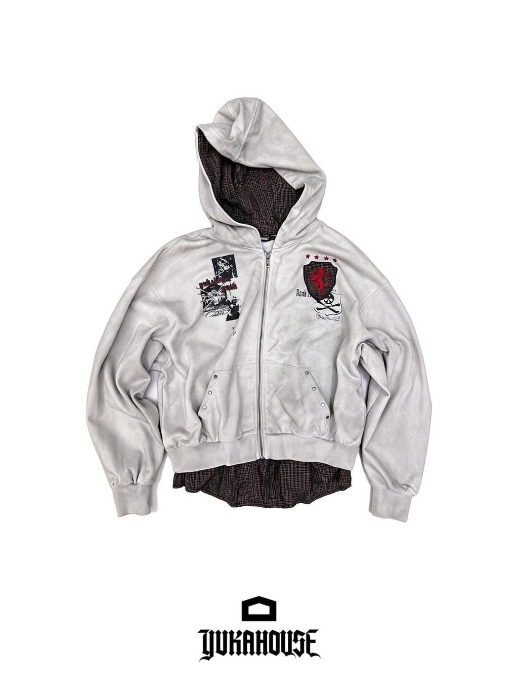 YUKAHOUSE Vintage Distressed Graphic Punk Faux Layer Print Women's Cotton Zip-up Hoodies