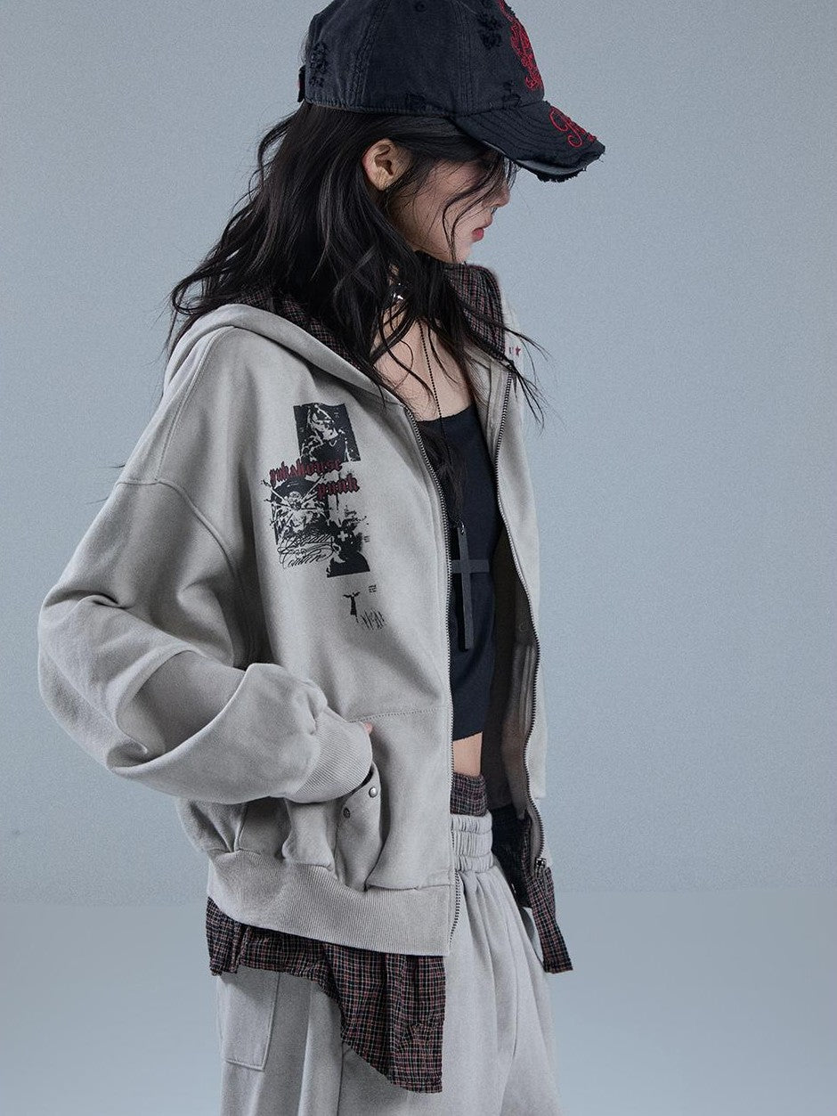 YUKAHOUSE Vintage Distressed Graphic Punk Faux Layer Print Women's Cotton Zip-up Hoodies