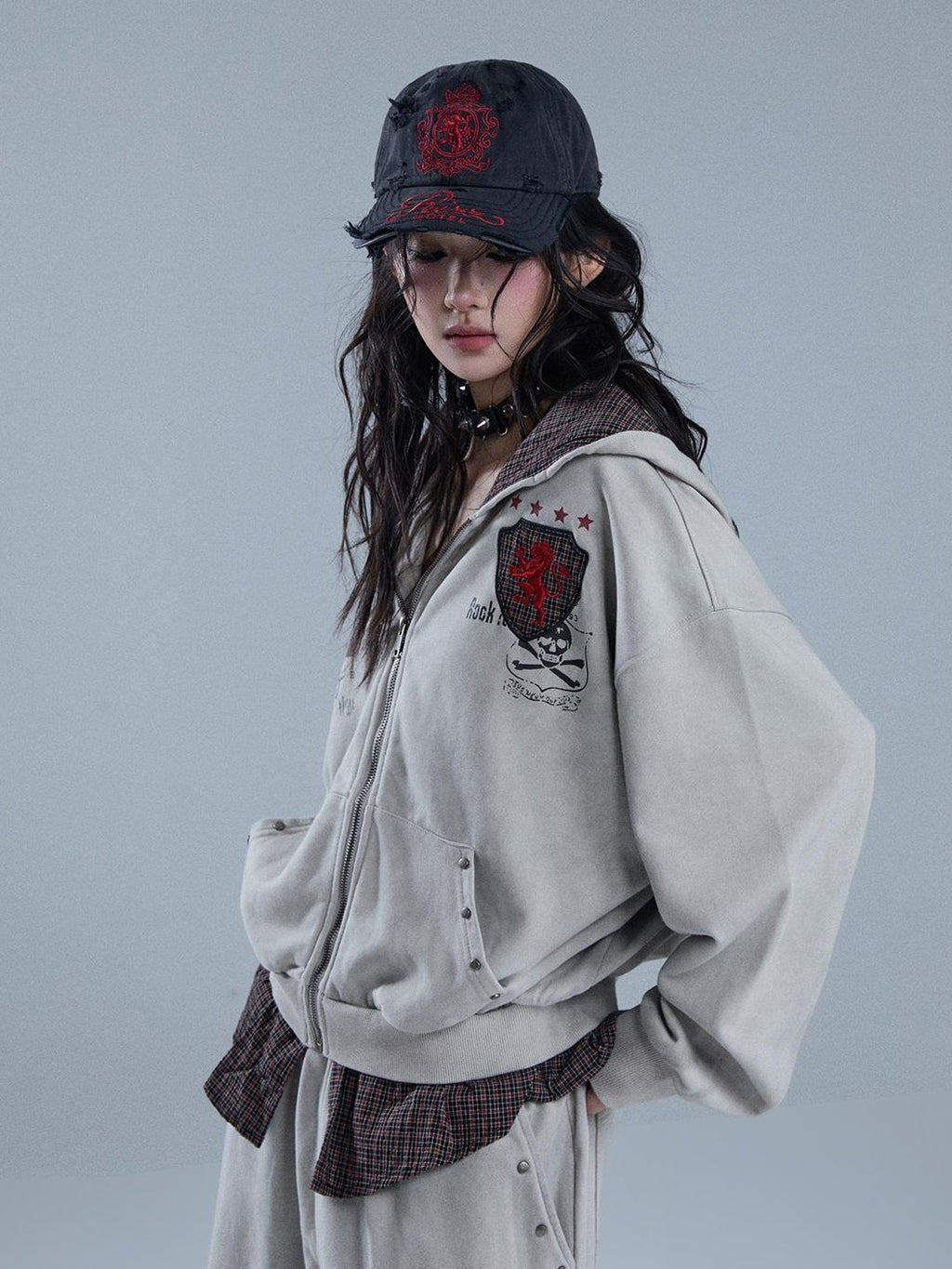 YUKAHOUSE Vintage Distressed Graphic Punk Faux Layer Print Women's Cotton Zip-up Hoodies