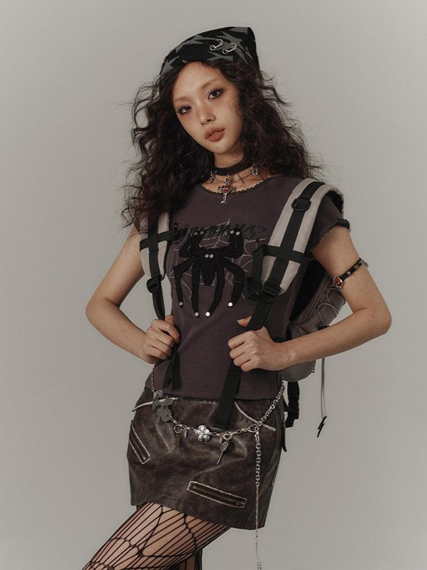 YUKAHOUSE Vintage Distressed Spider Slim Fit Women's Cotton Blend Short Sleeve T-shirts