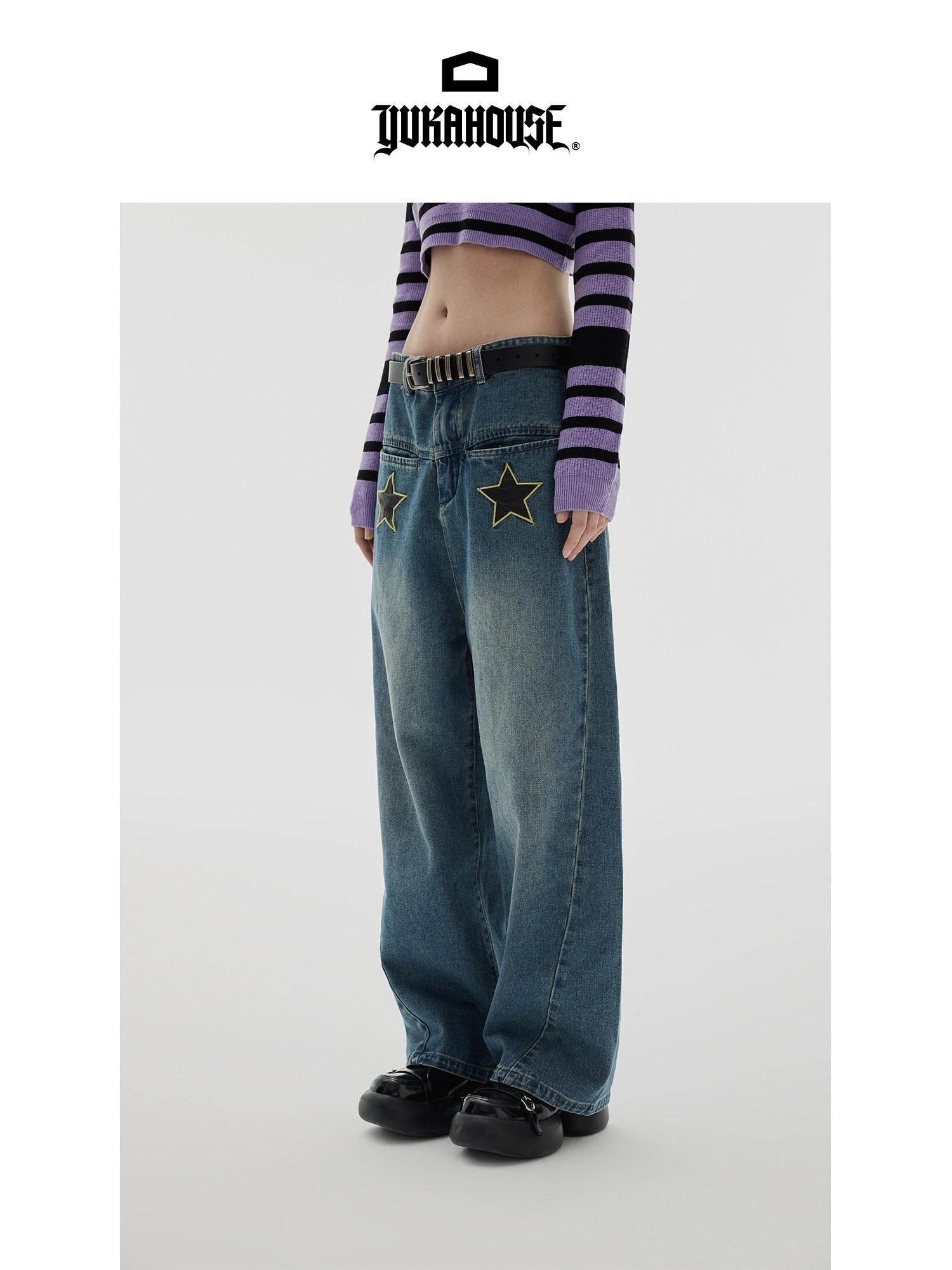 YUKAHOUSE Vintage Distressed Star Women's Cotton Stretch Wide-leg Jeans