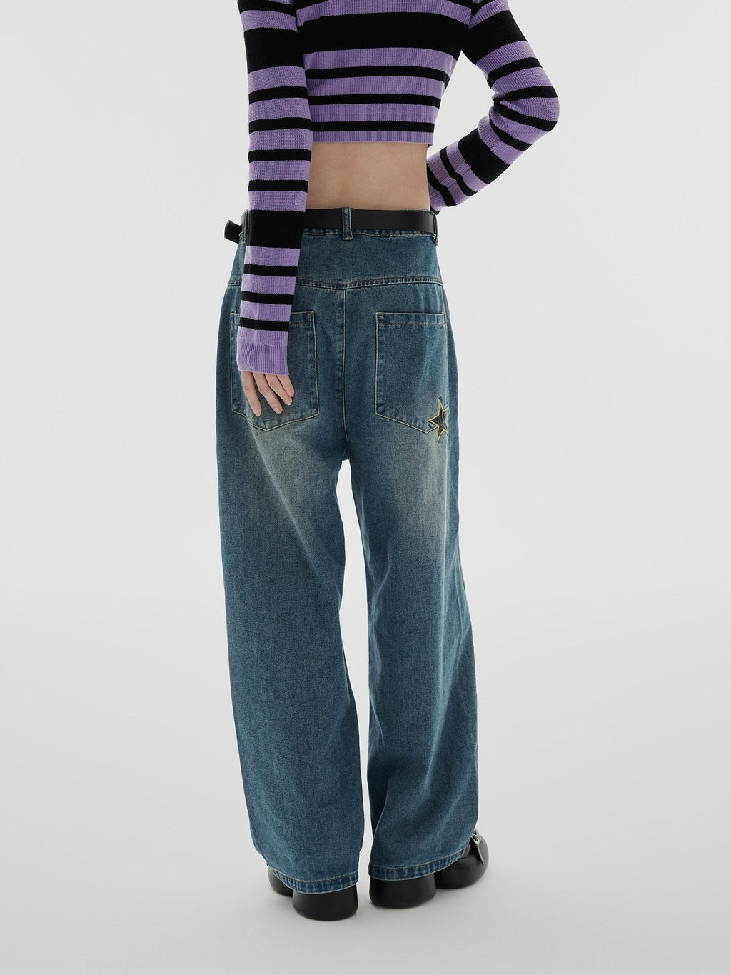 YUKAHOUSE Vintage Distressed Star Women's Cotton Stretch Wide-leg Jeans