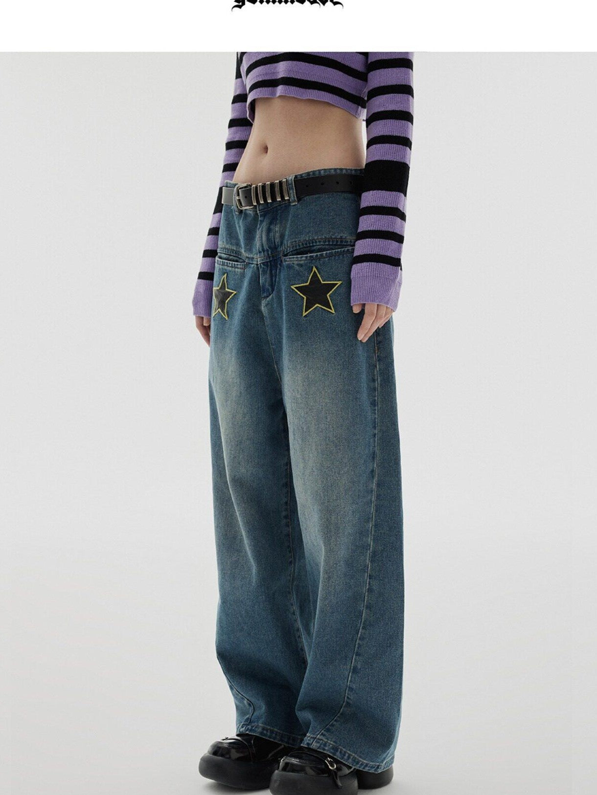 YUKAHOUSE Vintage Distressed Star Women's Cotton Stretch Wide-leg Jeans