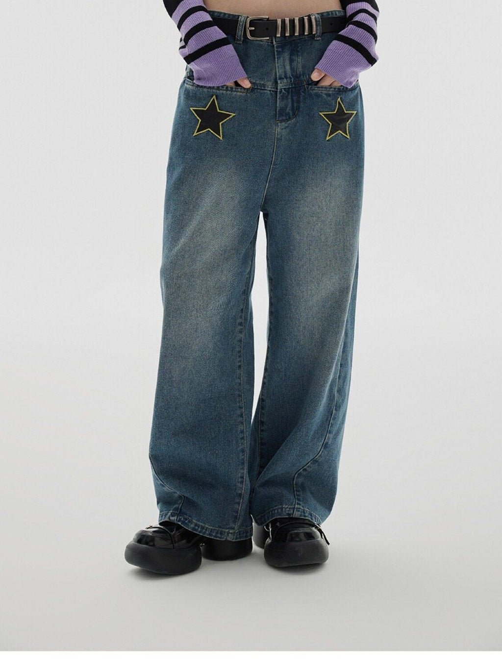 YUKAHOUSE Vintage Distressed Star Women's Cotton Stretch Wide-leg Jeans
