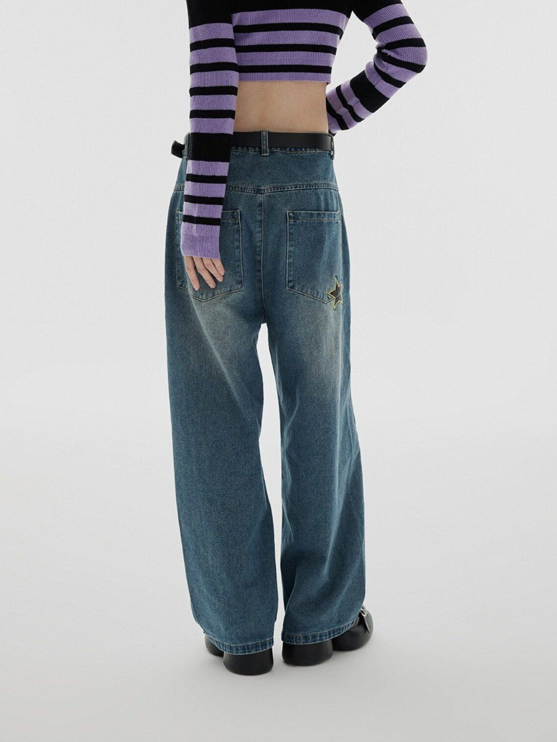 YUKAHOUSE Vintage Distressed Star Women's Cotton Stretch Wide-leg Jeans