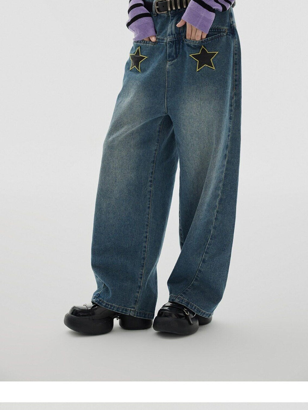 YUKAHOUSE Vintage Distressed Star Women's Cotton Stretch Wide-leg Jeans