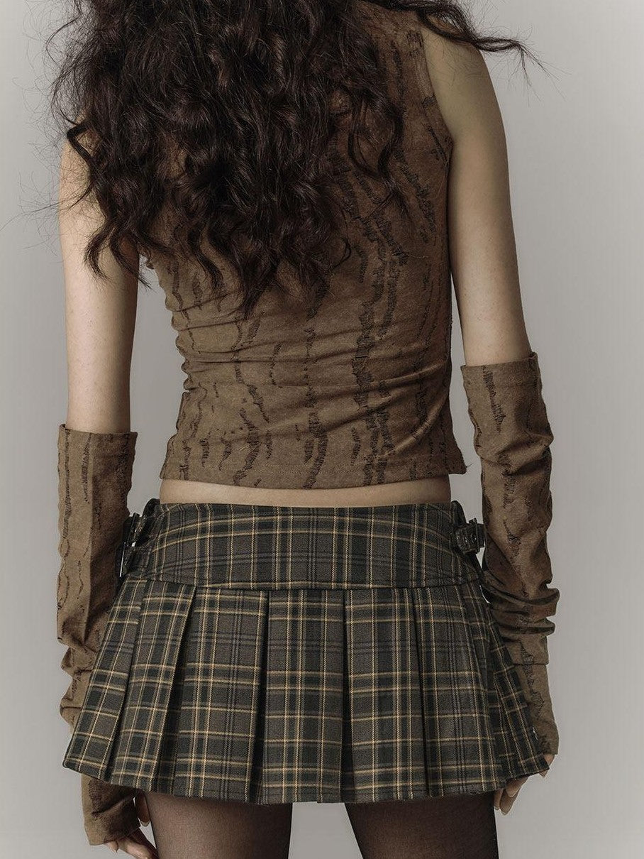 YUKAHOUSE Vintage Plaid Pleated High Waist Petite Women's Polyester Blend Mini Skirts