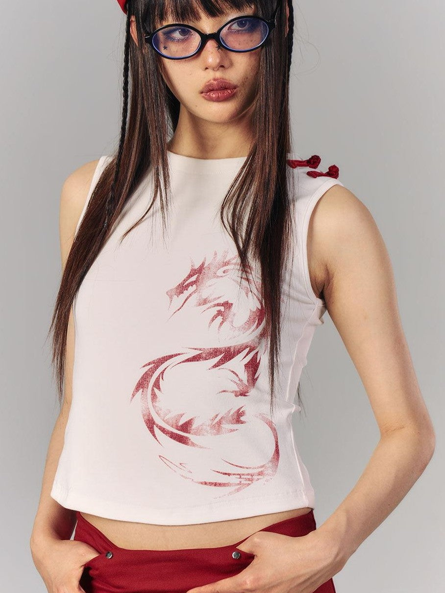 YUKAHOUSE Vintage Print Detachable Shirt Collar Tie Women's Cotton Spandex Tank Tops