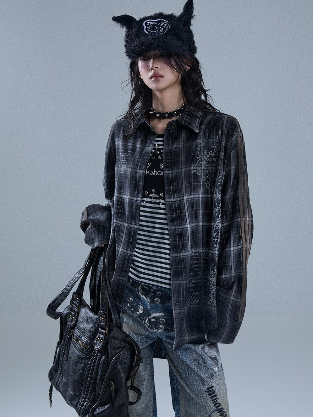 YUKAHOUSE Vintage Printed Striped Plaid Spliced Long Sleeve Women's Polyester Overshirts