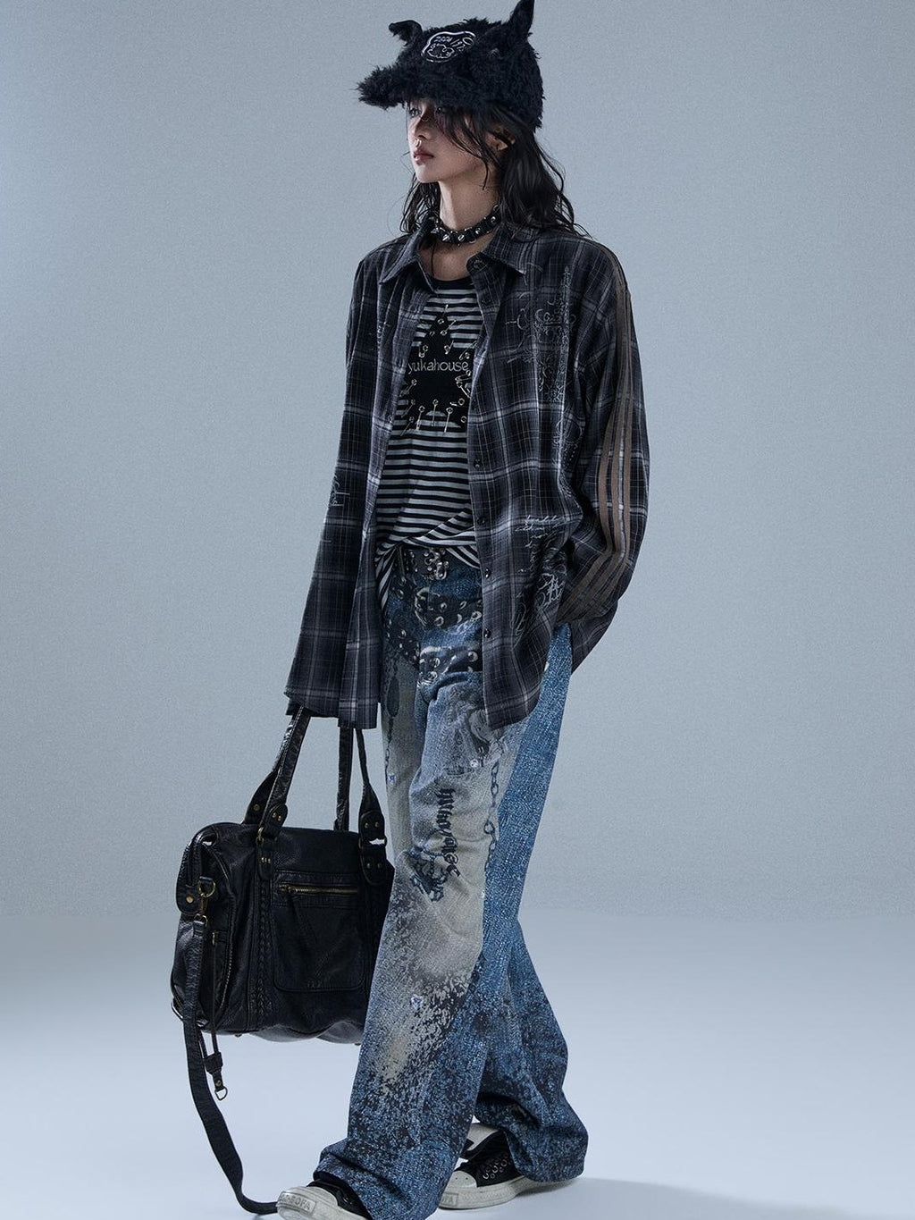 YUKAHOUSE Vintage Printed Striped Plaid Spliced Long Sleeve Women's Polyester Overshirts