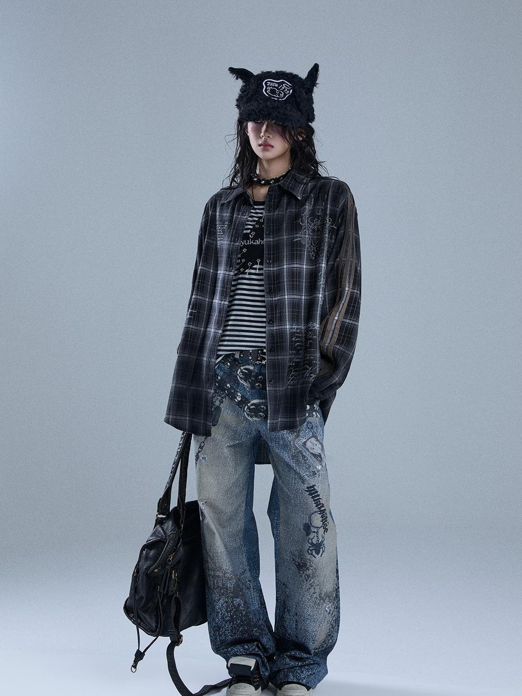 YUKAHOUSE Vintage Printed Striped Plaid Spliced Long Sleeve Women's Polyester Overshirts