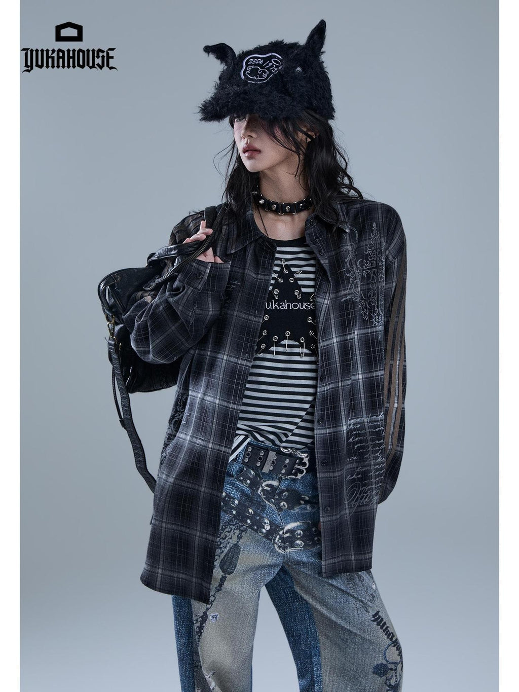 YUKAHOUSE Vintage Printed Striped Plaid Spliced Long Sleeve Women's Polyester Overshirts