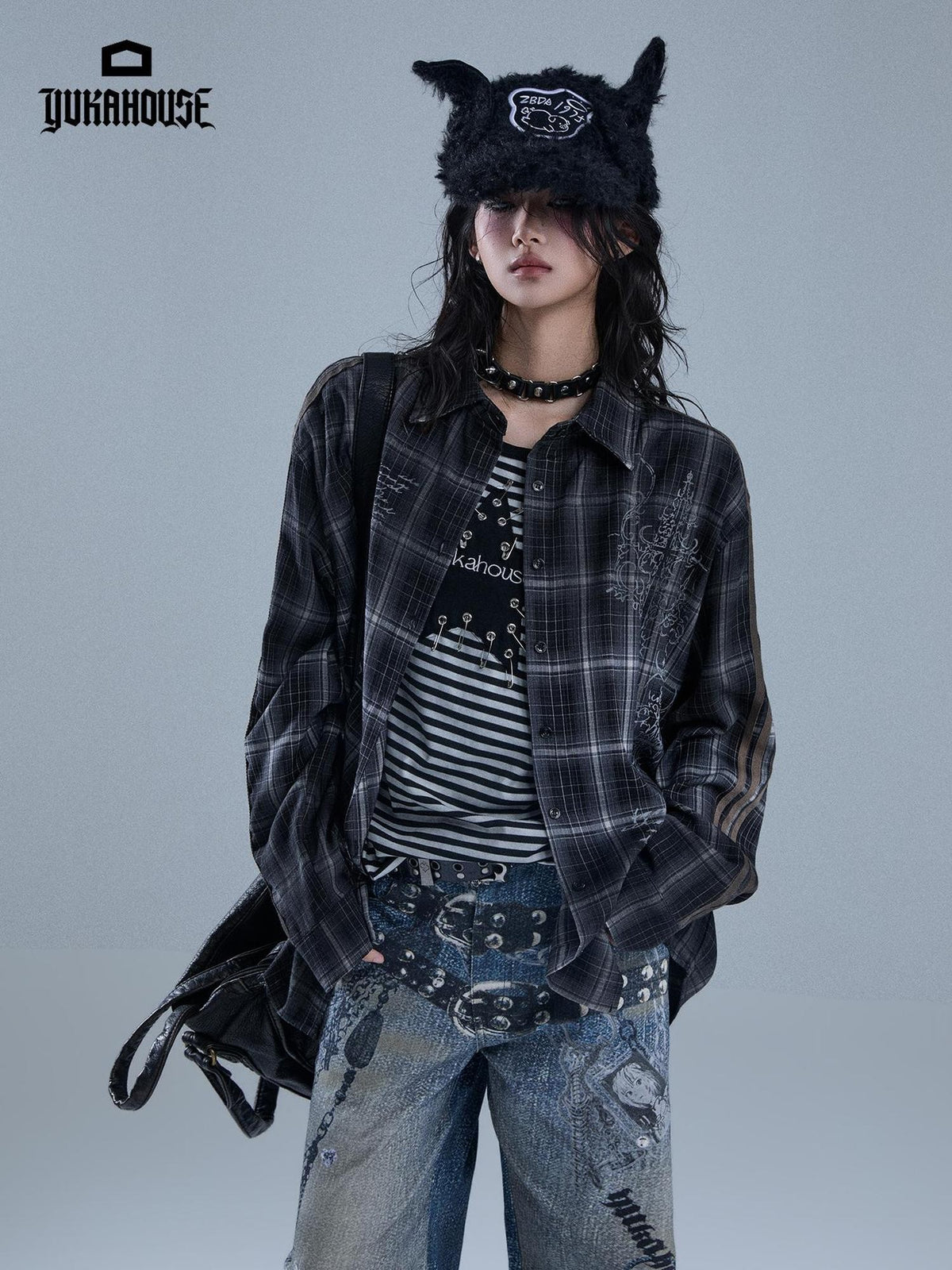 YUKAHOUSE Vintage Printed Striped Plaid Spliced Long Sleeve Women's Polyester Overshirts