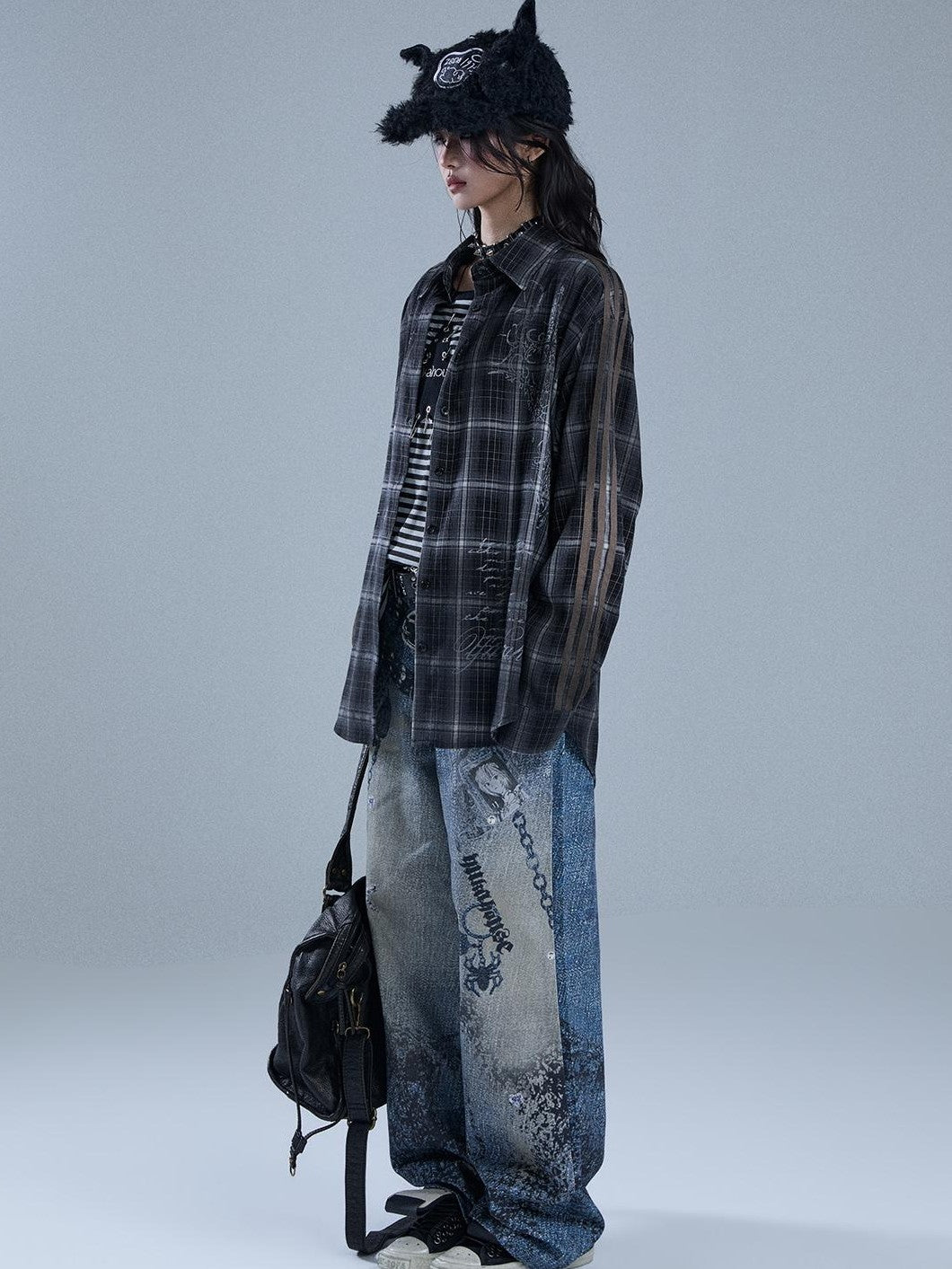 YUKAHOUSE Vintage Printed Striped Plaid Spliced Long Sleeve Women's Polyester Overshirts