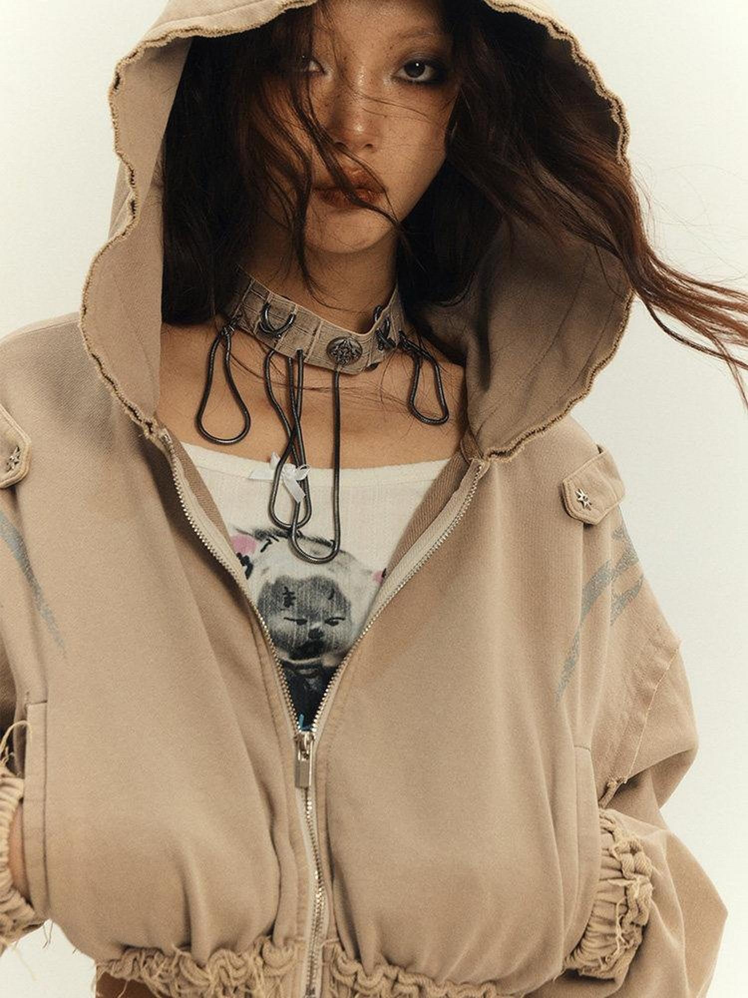 YUKAHOUSE Vintage Washed Distressed Cropped Women's 100 Percent Cotton Zip-up Hoodies