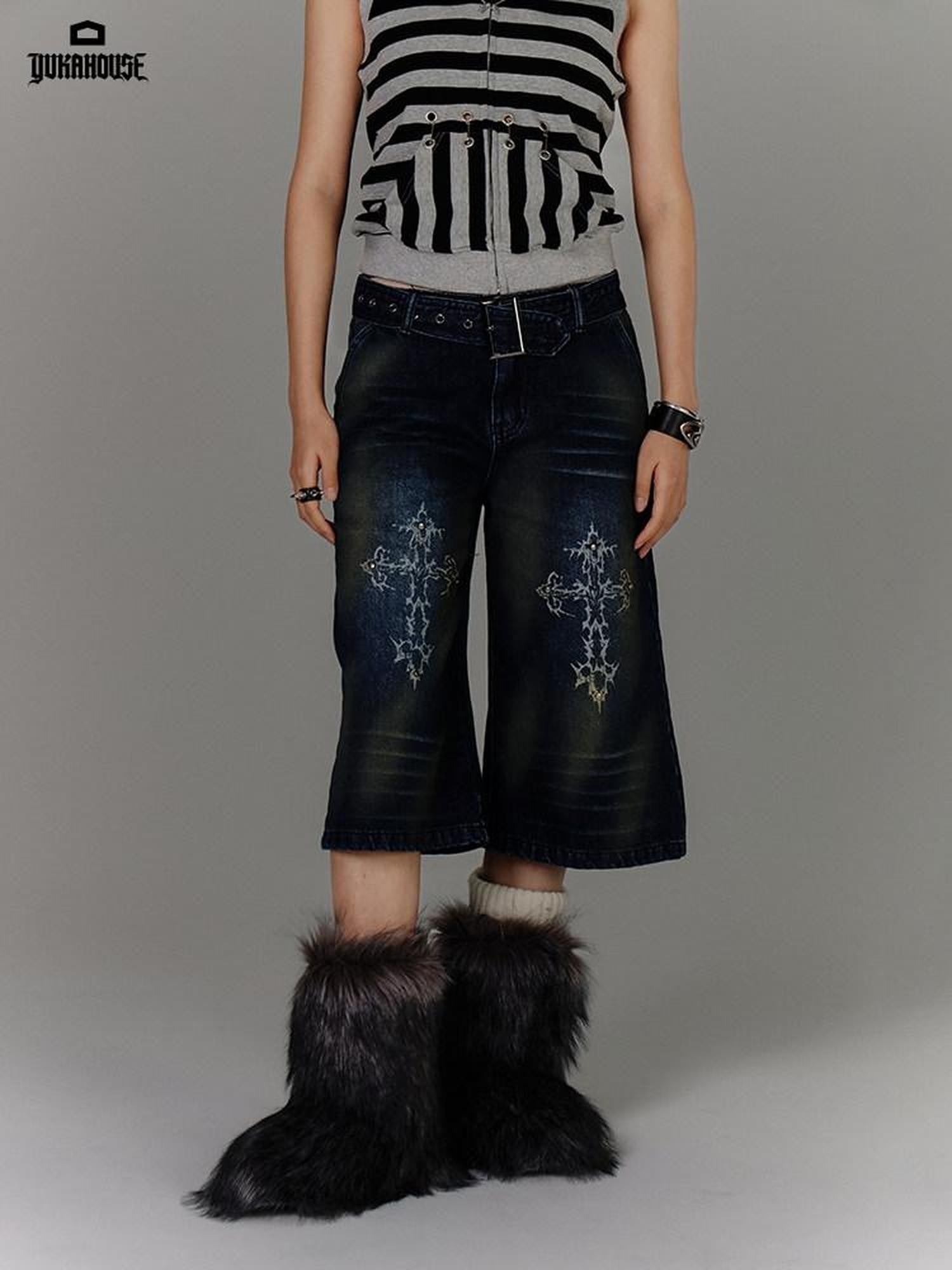 YUKAHOUSE Vintage Washed Distressed Straight High Waist Women's Cotton Cropped Jeans