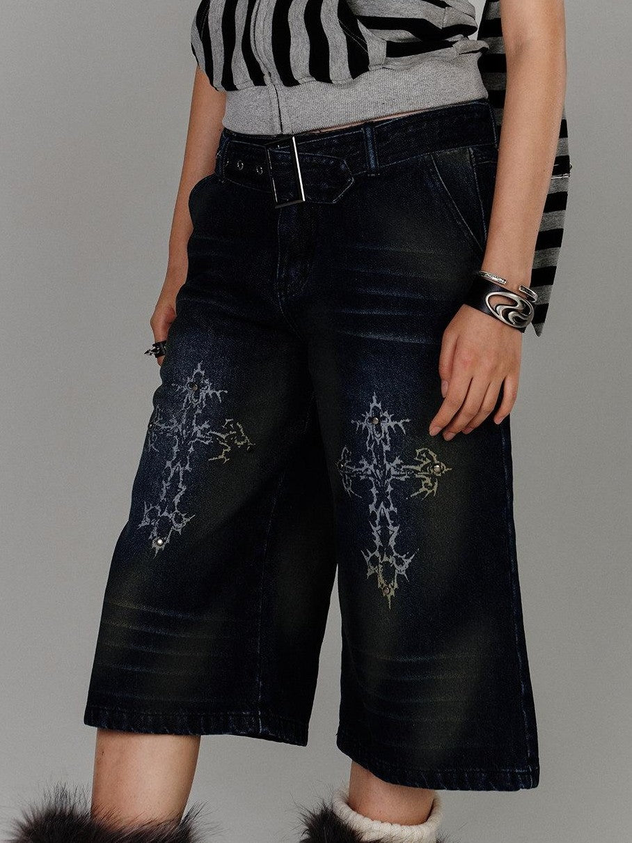 YUKAHOUSE Vintage Washed Distressed Straight High Waist Women's Cotton Cropped Jeans