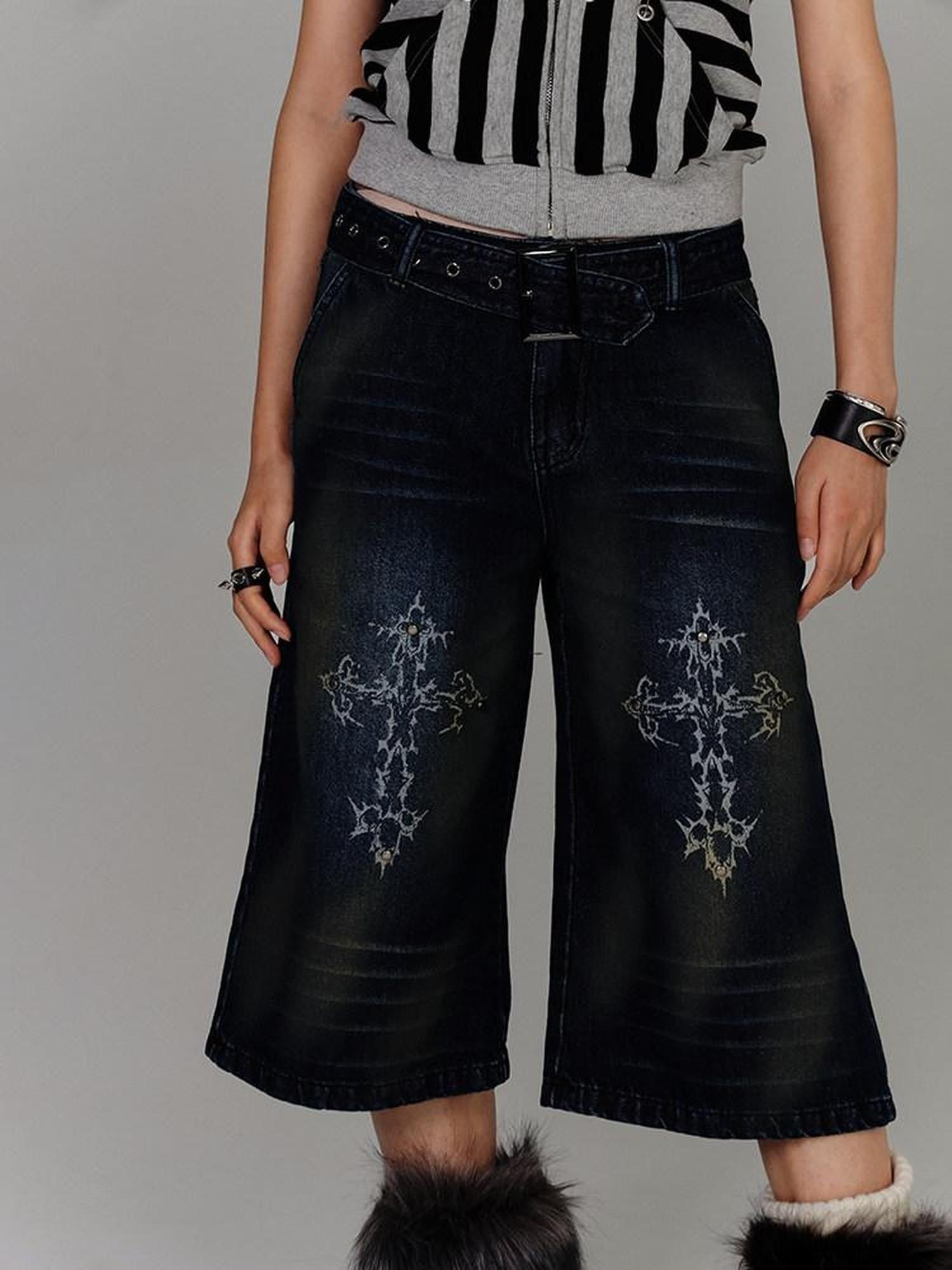 YUKAHOUSE Vintage Washed Distressed Straight High Waist Women's Cotton Cropped Jeans