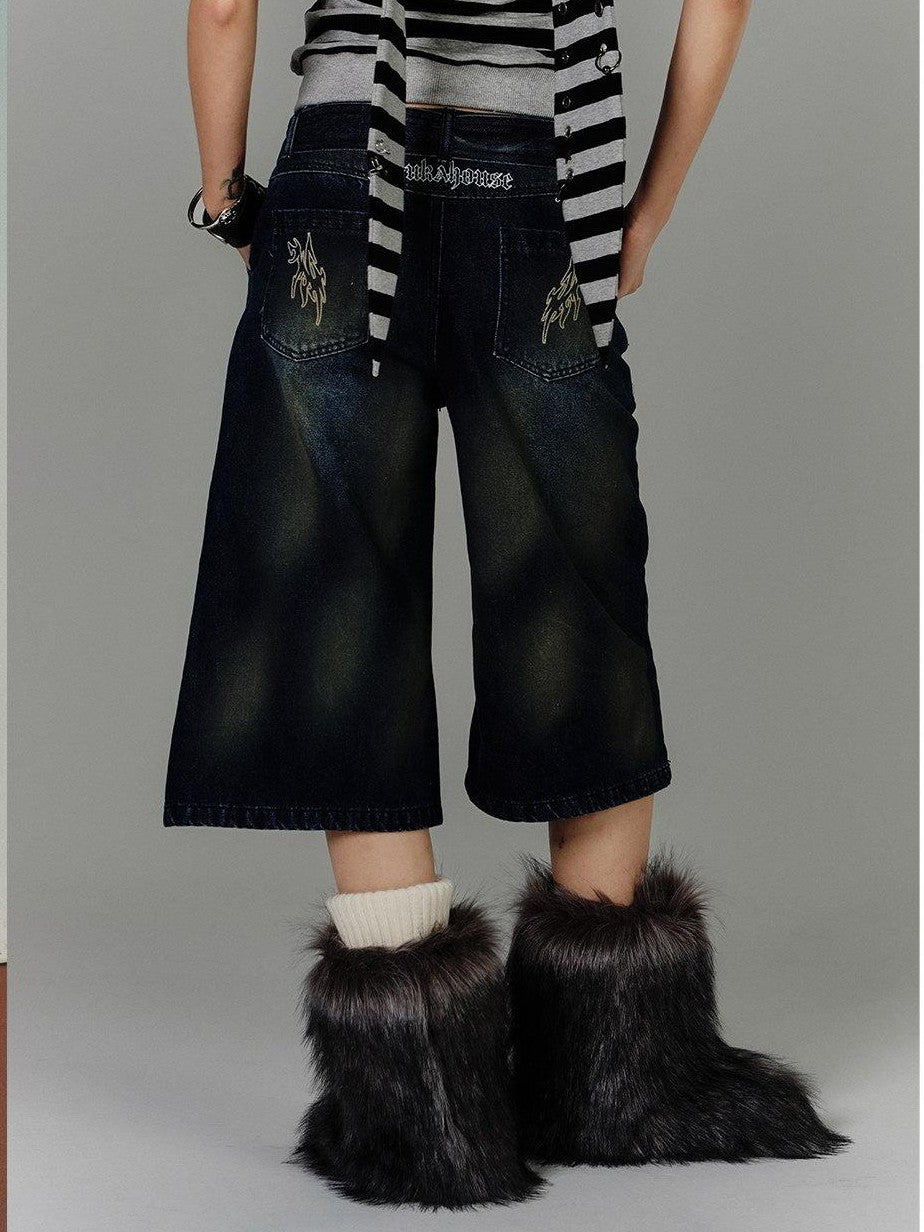 YUKAHOUSE Vintage Washed Distressed Straight High Waist Women's Cotton Cropped Jeans