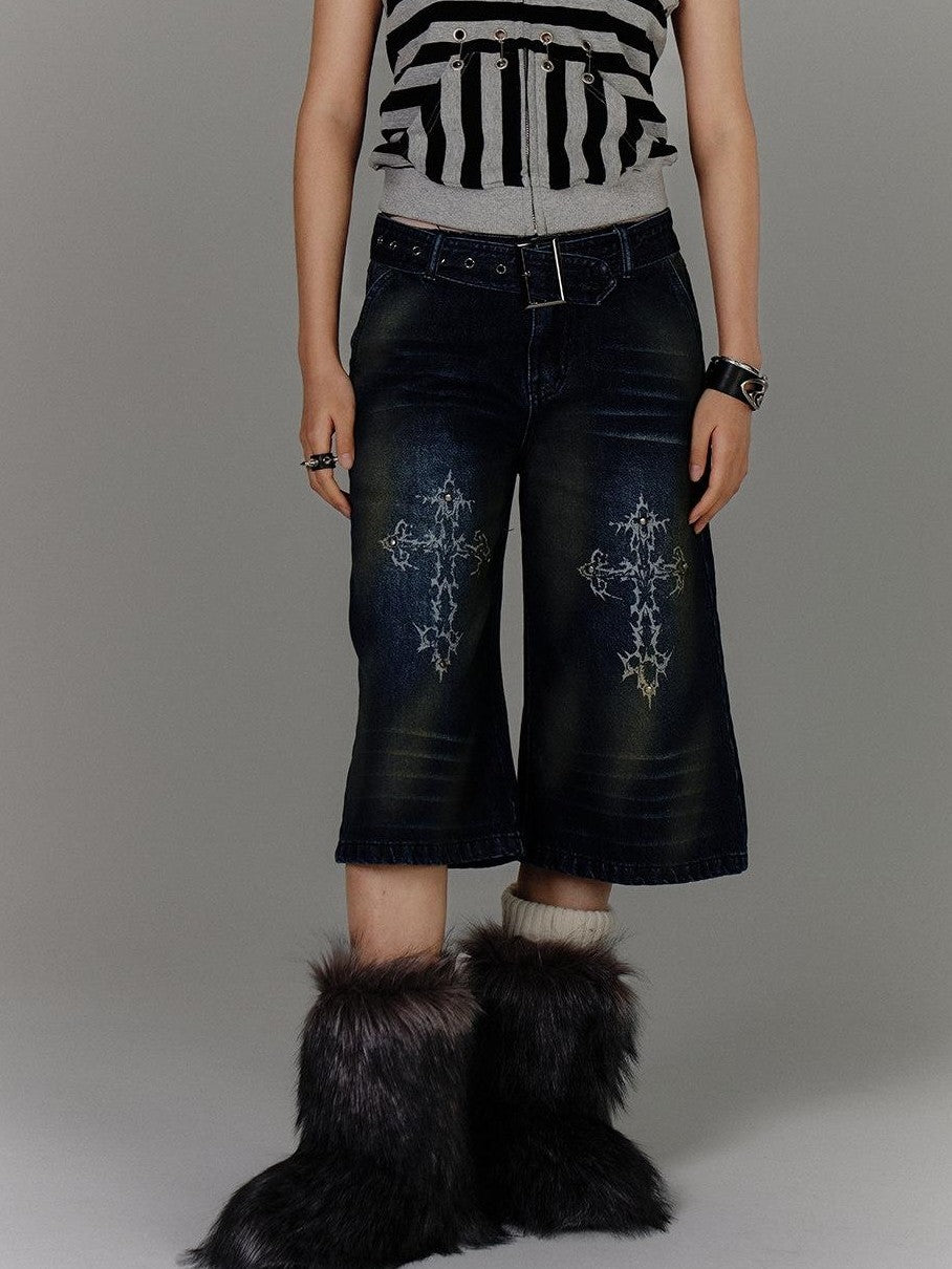 YUKAHOUSE Vintage Washed Distressed Straight High Waist Women's Cotton Cropped Jeans