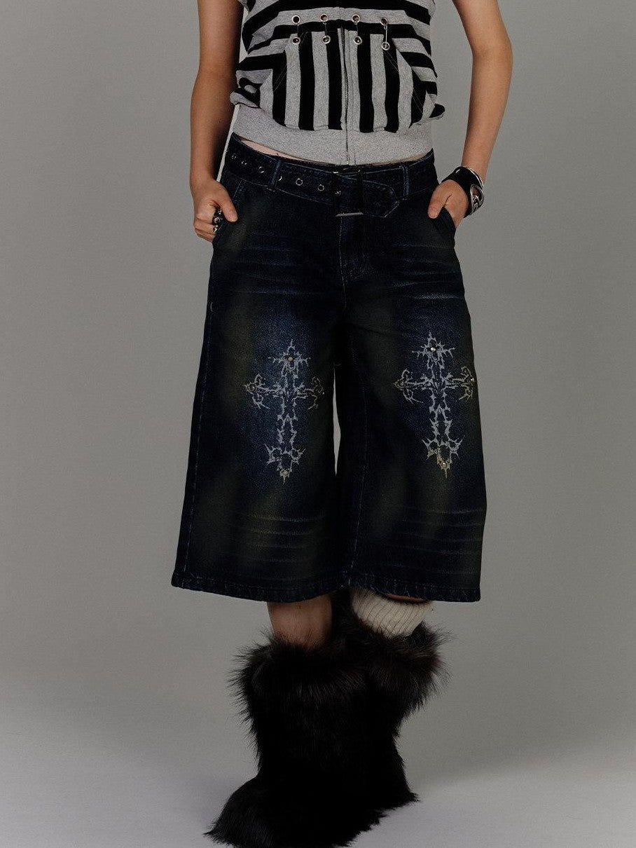 YUKAHOUSE Vintage Washed Distressed Straight High Waist Women's Cotton Cropped Jeans