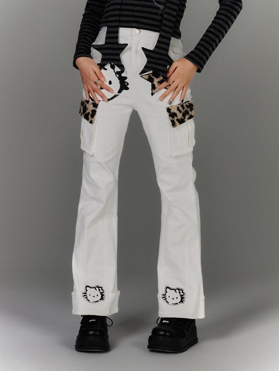 YUKAHOUSE Washed 3d Pocket Cargo High Waist Micro Flare Women's Cotton Bootcut Pants