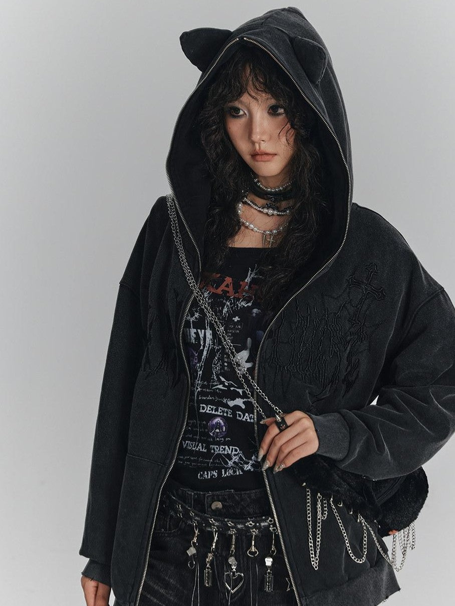 YUKAHOUSE Washed Black Cat Ear Safety Pin Street Style Women's Cotton Blend Zip-up Hoodies