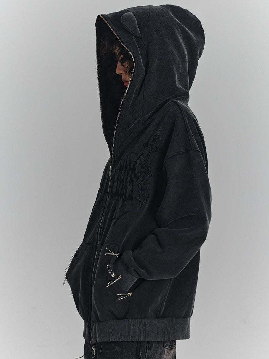YUKAHOUSE Washed Black Cat Ear Safety Pin Street Style Women's Cotton Blend Zip-up Hoodies