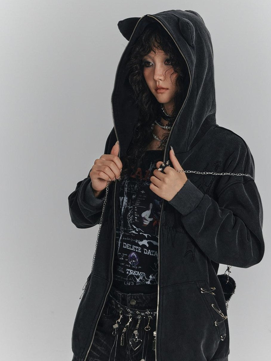 YUKAHOUSE Washed Black Cat Ear Safety Pin Street Style Women's Cotton Blend Zip-up Hoodies