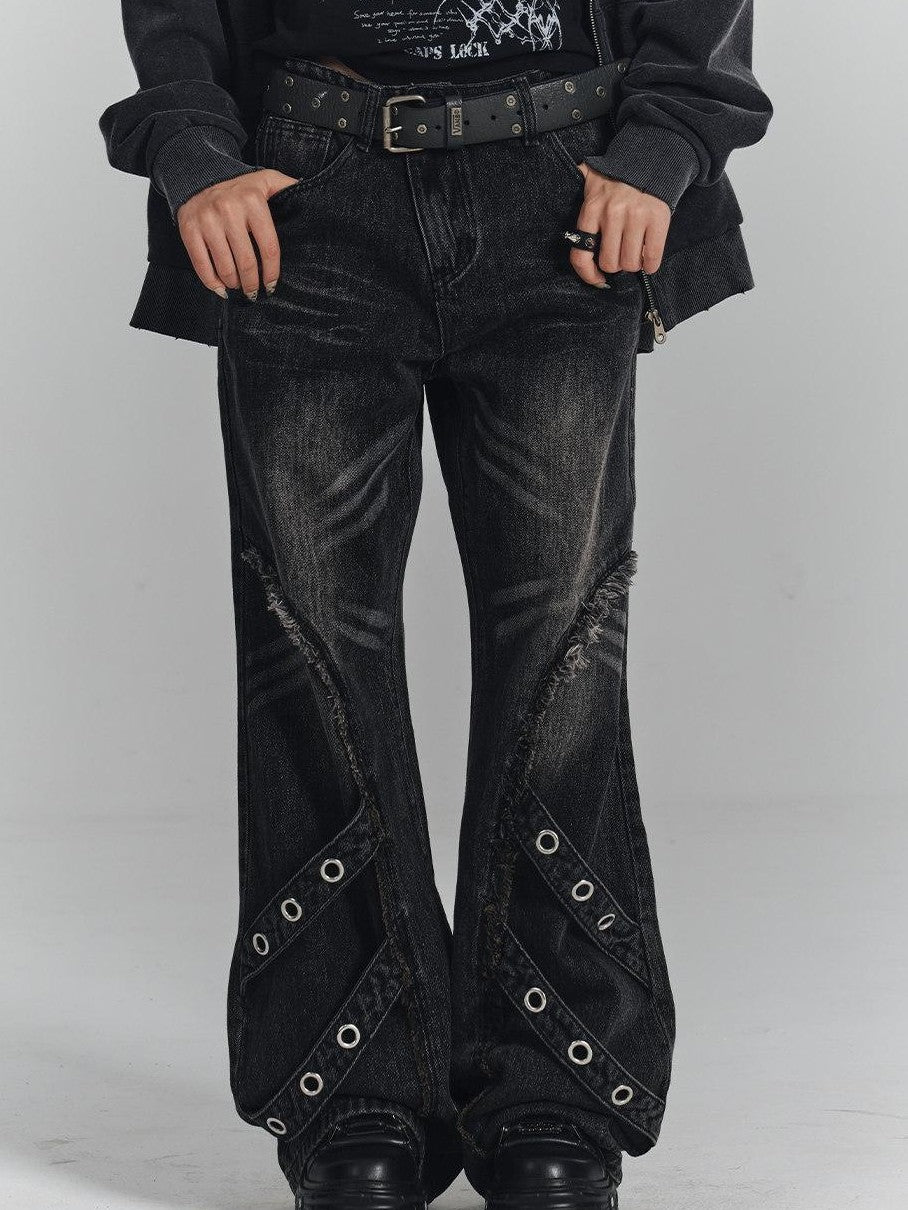 YUKAHOUSE Washed Black Frayed 3d Embellished Punk Women's Cotton Straight-leg Jeans