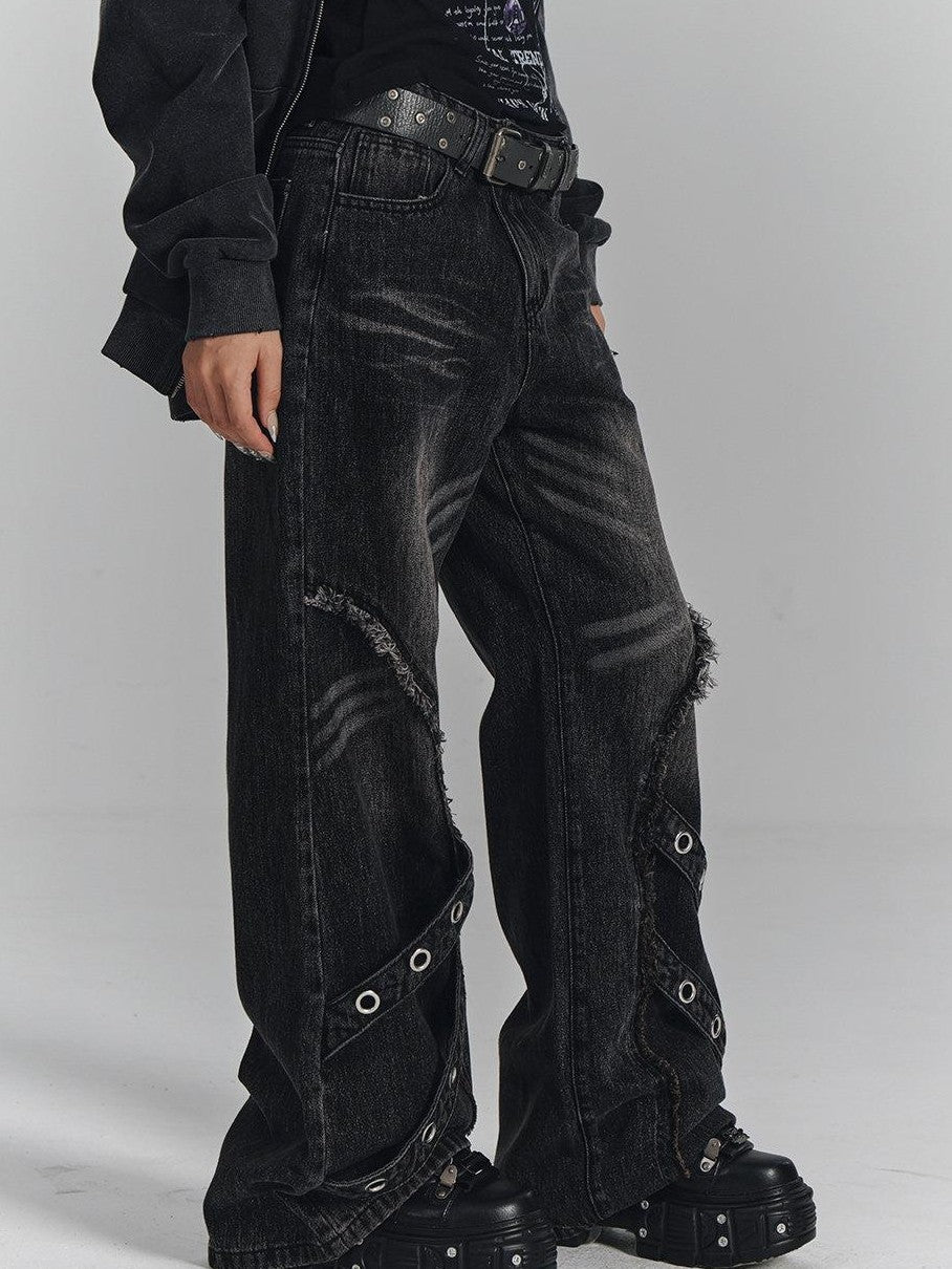 YUKAHOUSE Washed Black Frayed 3d Embellished Punk Women's Cotton Straight-leg Jeans