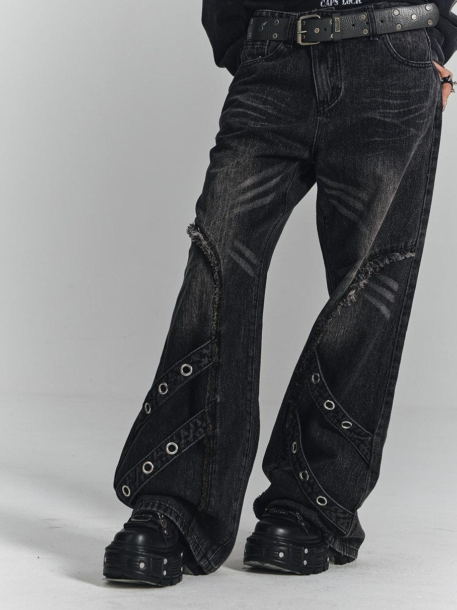 YUKAHOUSE Washed Black Frayed 3d Embellished Punk Women's Cotton Straight-leg Jeans