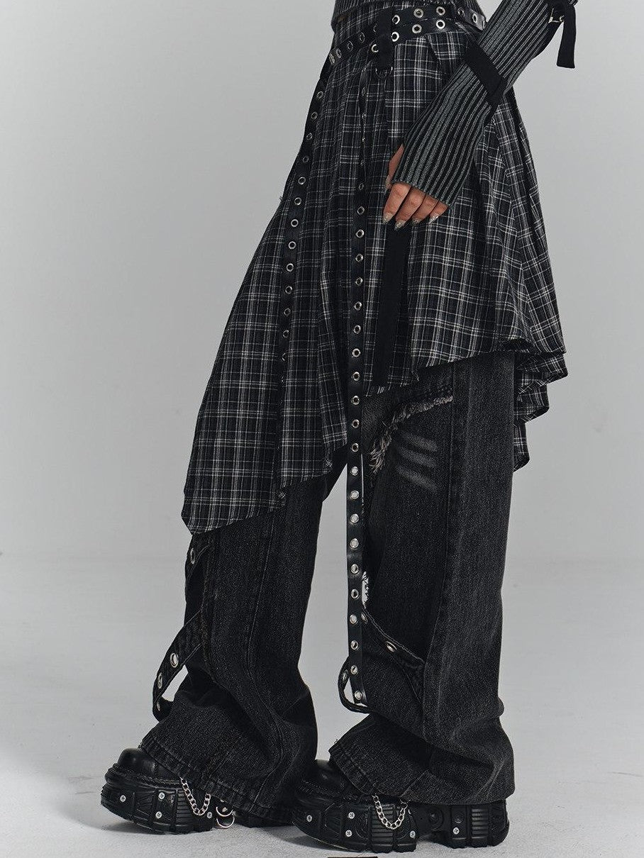YUKAHOUSE Washed Black Frayed 3d Embellished Punk Women's Cotton Straight-leg Jeans