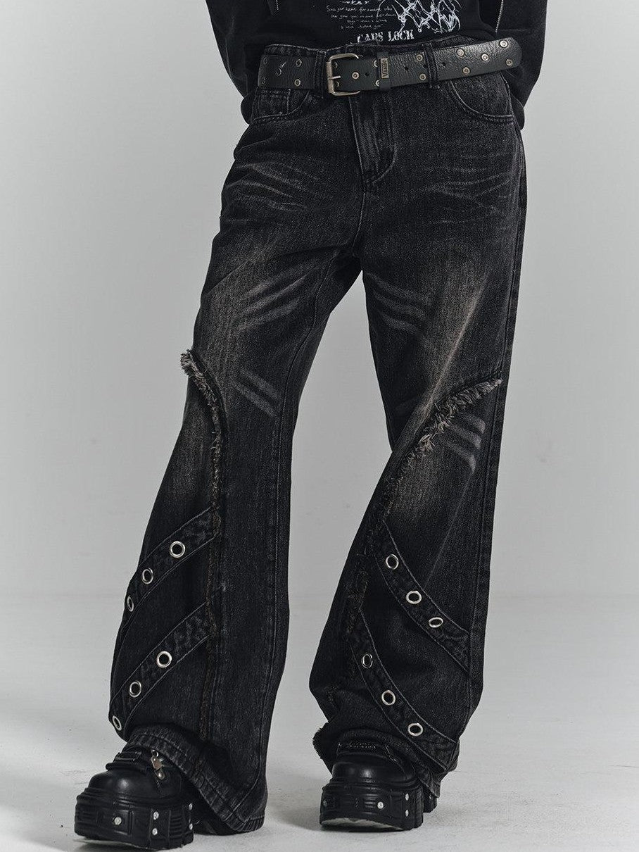 YUKAHOUSE Washed Black Frayed 3d Embellished Punk Women's Cotton Straight-leg Jeans