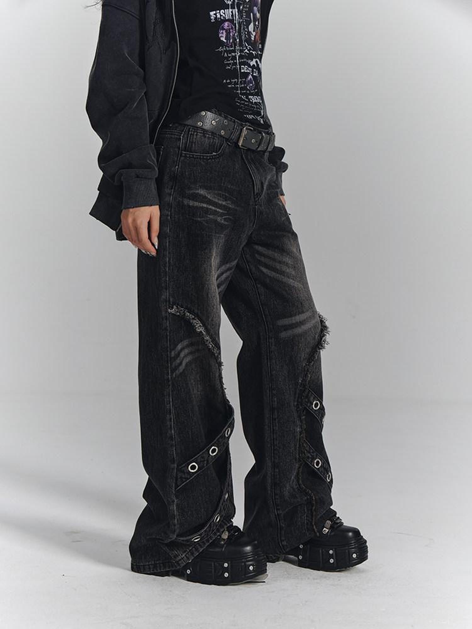 YUKAHOUSE Washed Black Frayed 3d Embellished Punk Women's Cotton Straight-leg Jeans