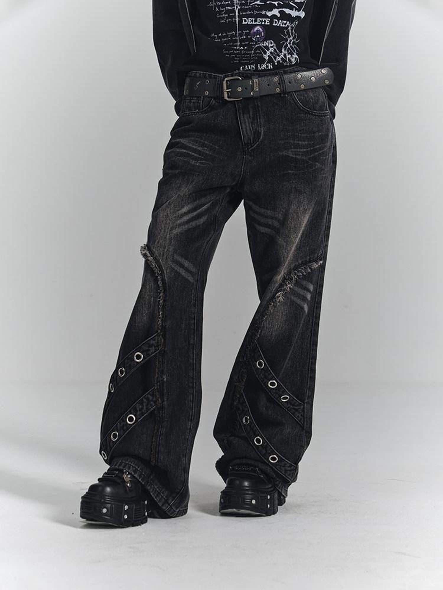 YUKAHOUSE Washed Black Frayed 3d Embellished Punk Women's Cotton Straight-leg Jeans